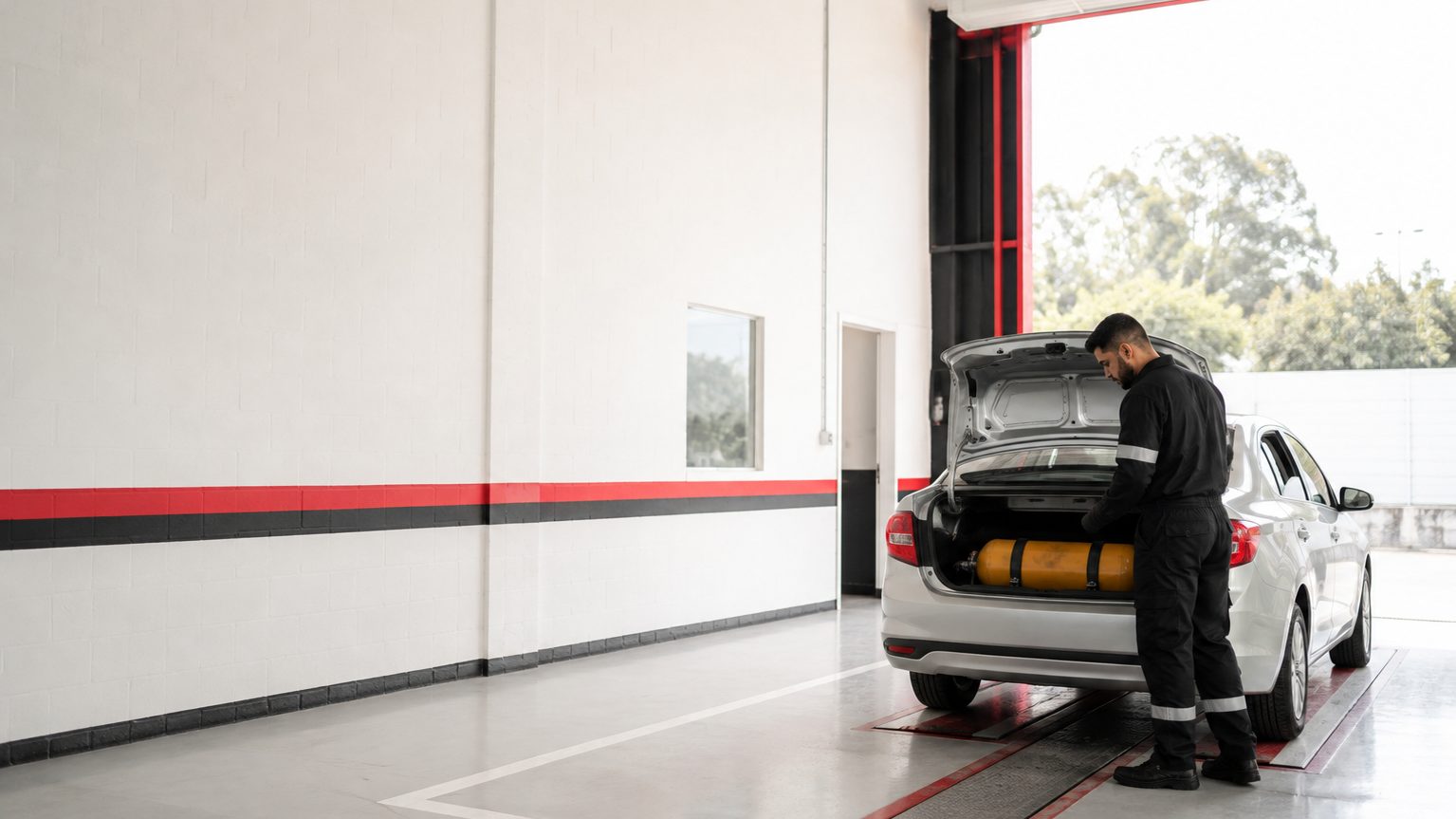 Técnico da Inspecem inspecionando o cilindro amarelo de GNV no porta-malas de um veículo