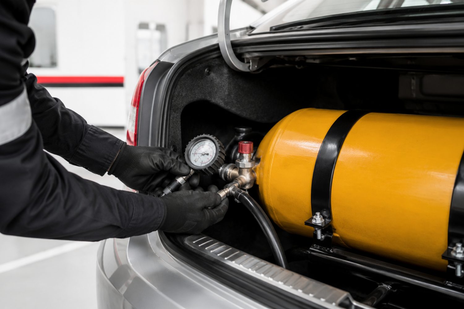 Técnico inspecionando o cilindro de GNV no porta-malas de um veículo